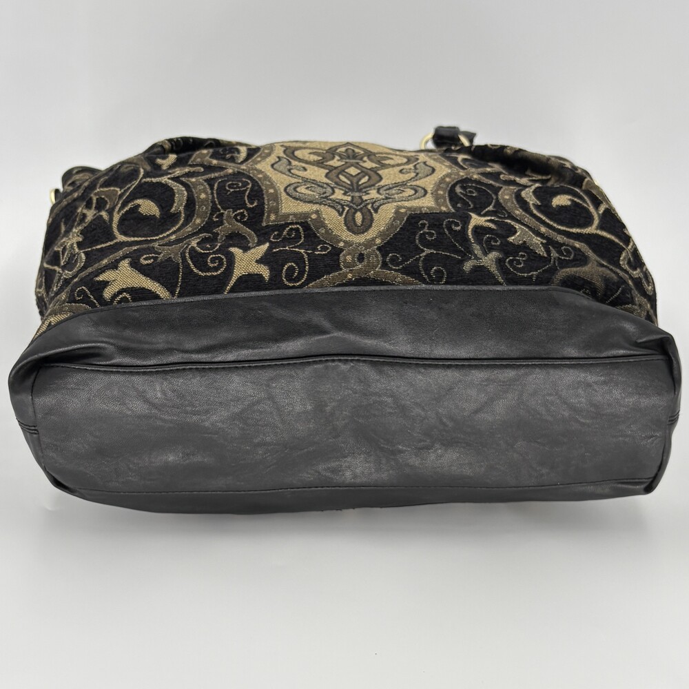Baroque Tapestry Fleur De Lis Studded Tote Bag Black Gold Faux Leather - Picture 6 of 13